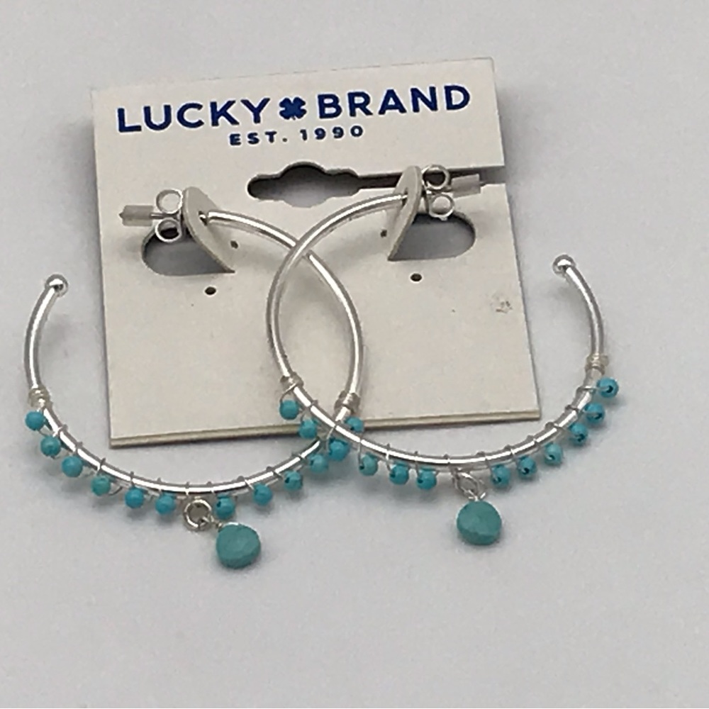 Lucky Brand NWT Silver Tone Bead Turquoise Stone Hoop Earrings